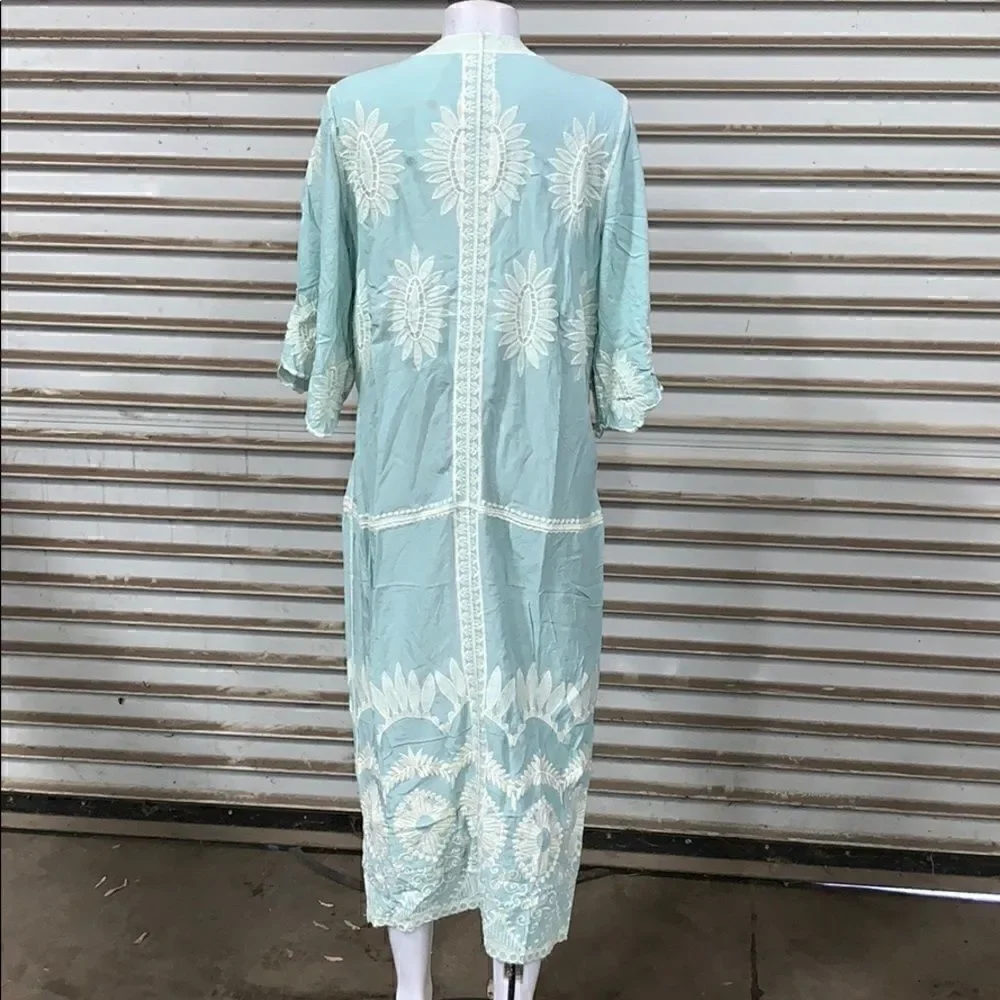 Long Sage kimono long sleeve tie front embroidery
